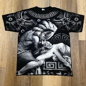 Vtg Aztec Warrior All Over Print Graphic Tee L Yazbek Black White Mayan Y2K Art